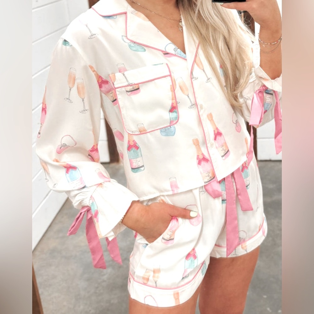 🍾Popp’n Bottles Pajama- Lounge Wear Bow tie set- Bridal Shower-Engagement🥂